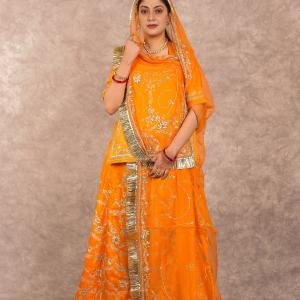 Mint Orange Aari Sequins Work Rajputi Poshak | Multiple Handwork on Bamber Satin | Jaipurio Designer Collection